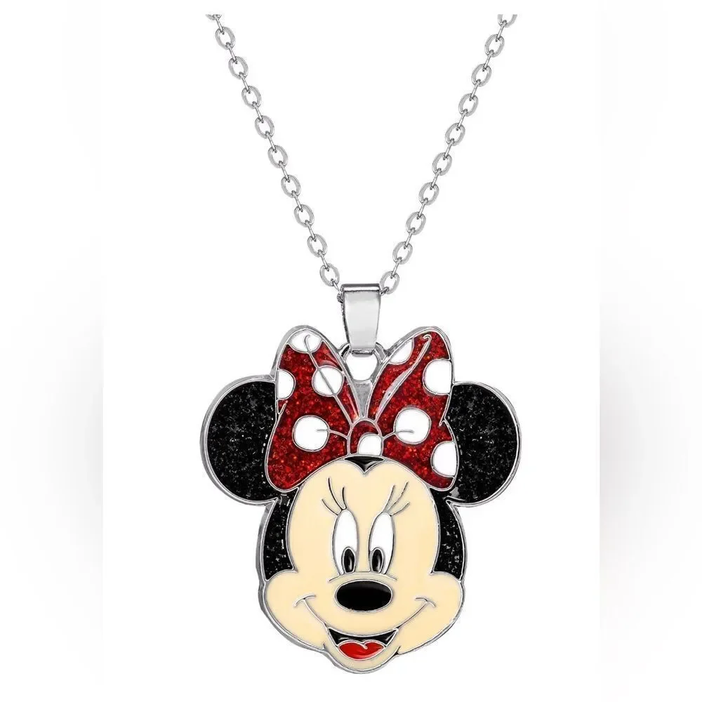 Disney Minnie Mouse Silver Tone Glitter Bow Pendant Adjustable 16” Necklace